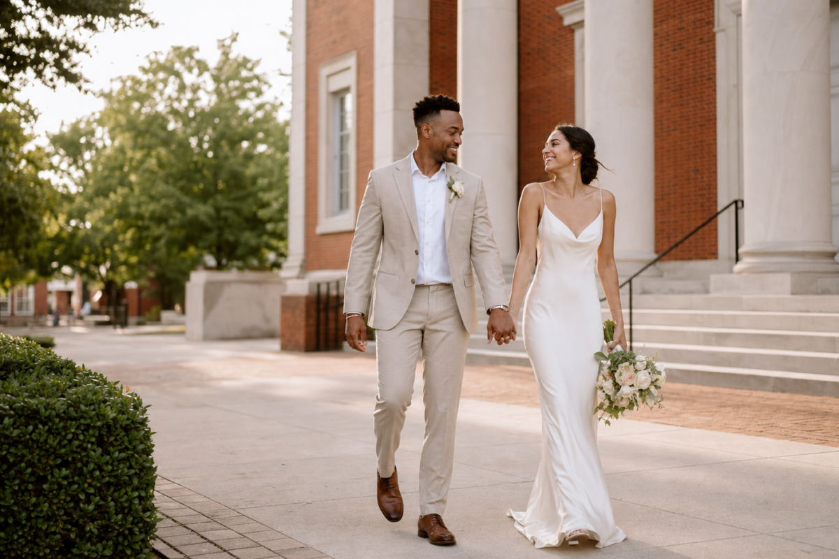 Newlywed couple walking outside a brick courthouse-style building